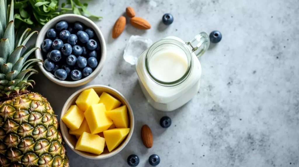 Fresh blueberries, pineapple chunks, and smoothie ingredients on counter