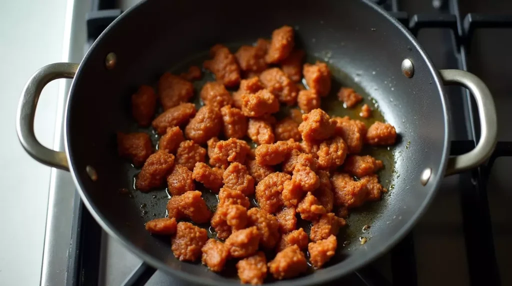 Crumbled spicy sausage cooking in a skillet on the stovetop