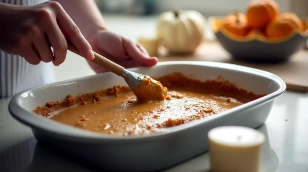 Pumpkin coffee cake batter being spread into a baking dish with a spatula