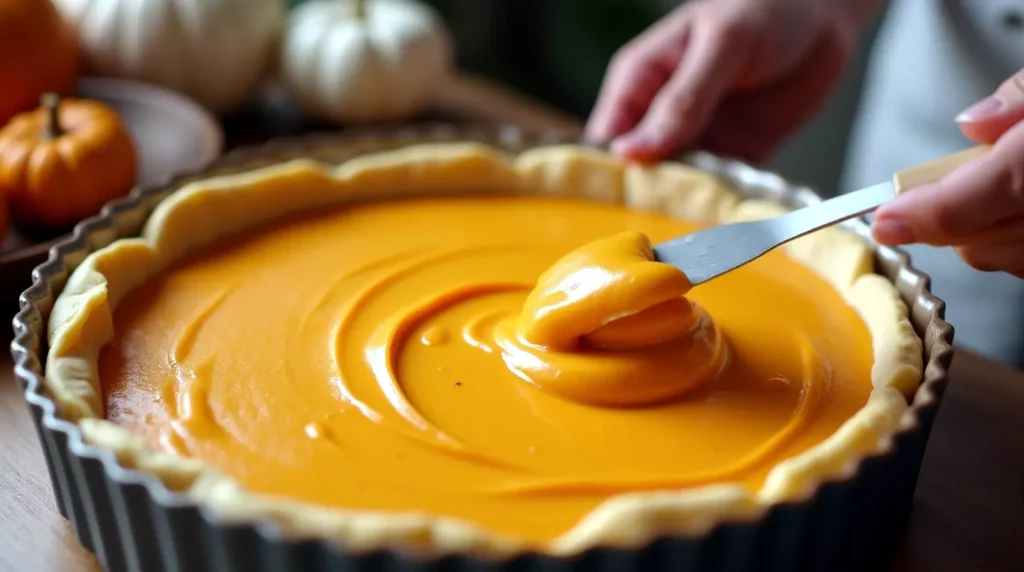 Spreading creamy pumpkin filling onto crescent dough in baking dish