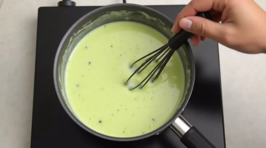 Cream and pistachio paste being stirred in a saucepan