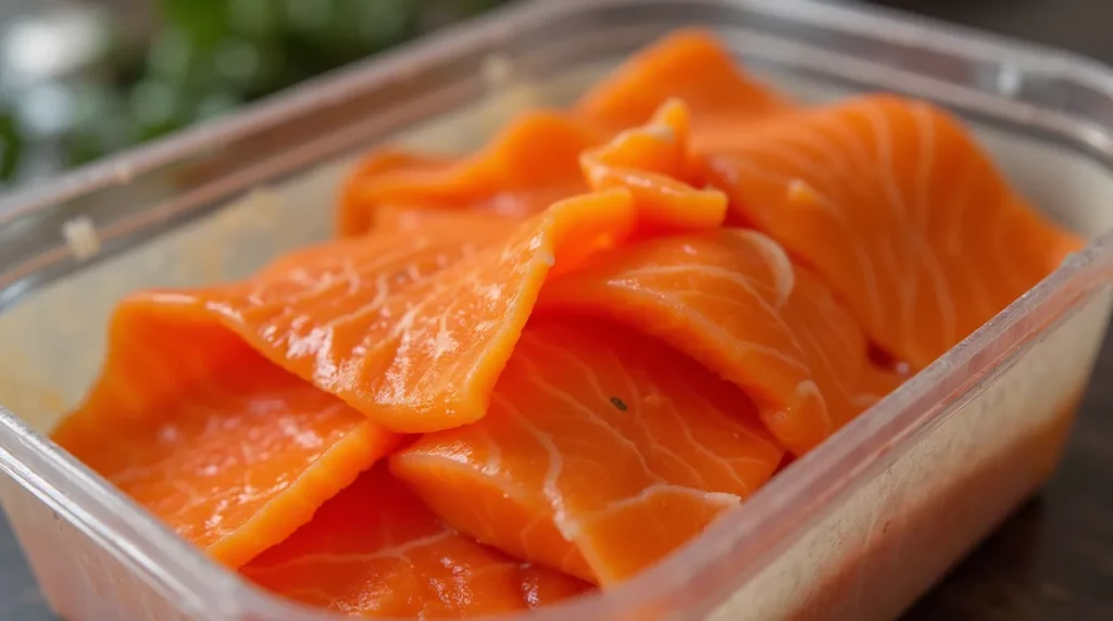 Smoked coho salmon pieces stored in a glass container in refrigerator
