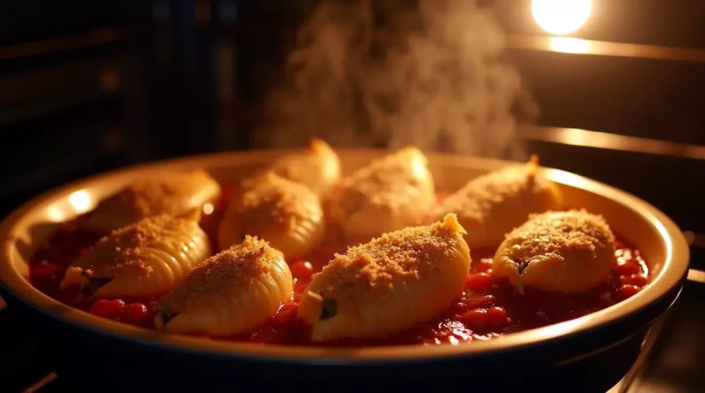 Ricotta beef stuffed shells baking with golden melted cheese and bubbling sauce