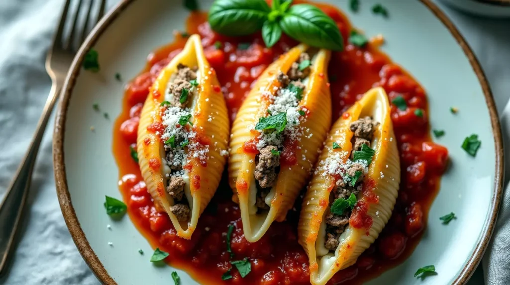 Ricotta and beef stuffed pasta shells on a ceramic plate with marinara sauce