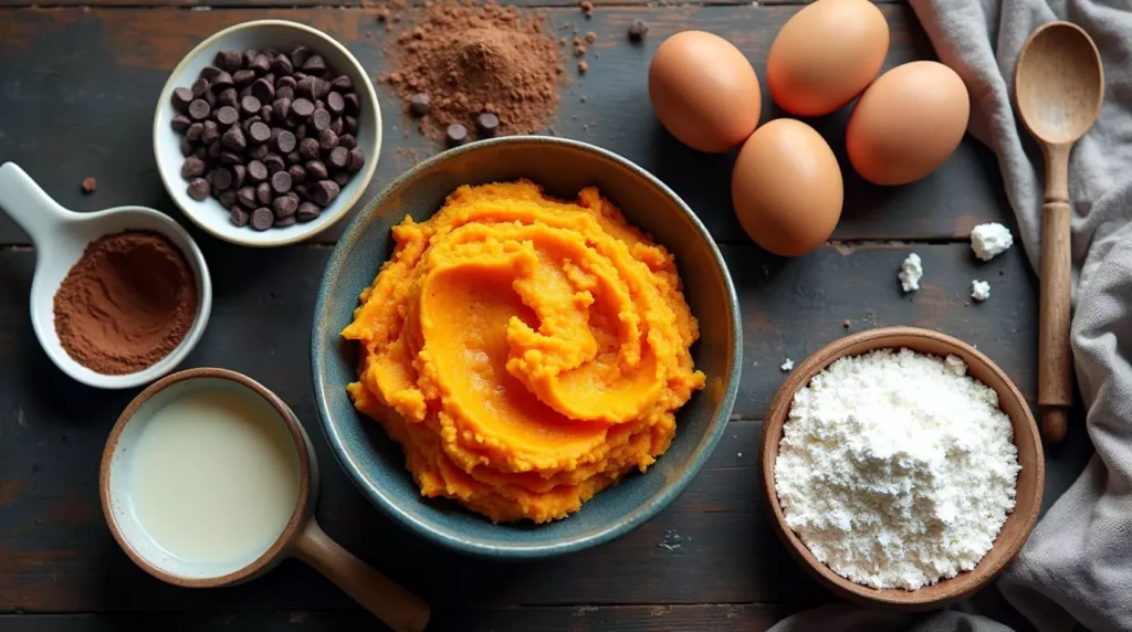 Mashed sweet potato, cocoa, chocolate chips, eggs, and flour on counter