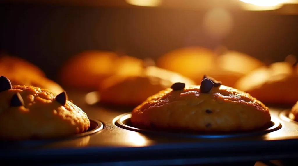 Sweet potato chocolate muffin batter rising in a muffin tin