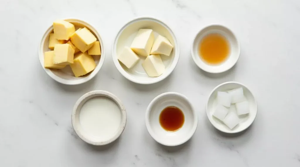 Fresh taro cubes, milk, honey, vanilla, and ice laid out in small bowls