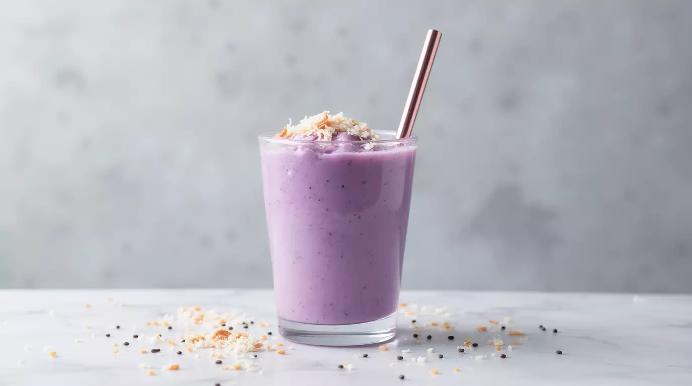 Creamy taro smoothie with a pastel straw on a light background