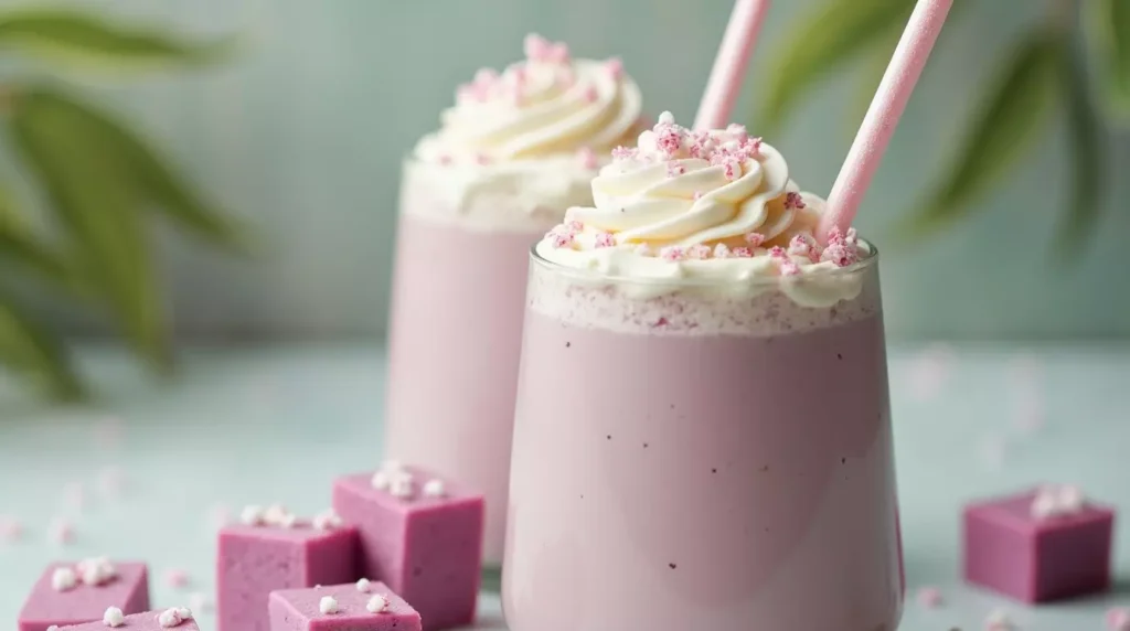 Taro smoothie topped with coconut flakes and whipped cream