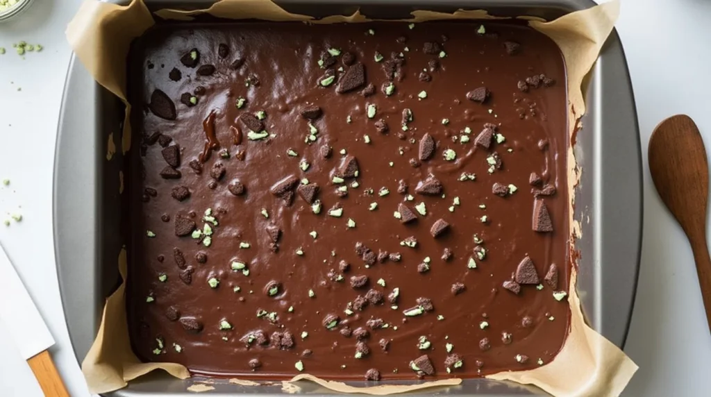 Brownie batter with crushed Thin Mint cookies in a pan
