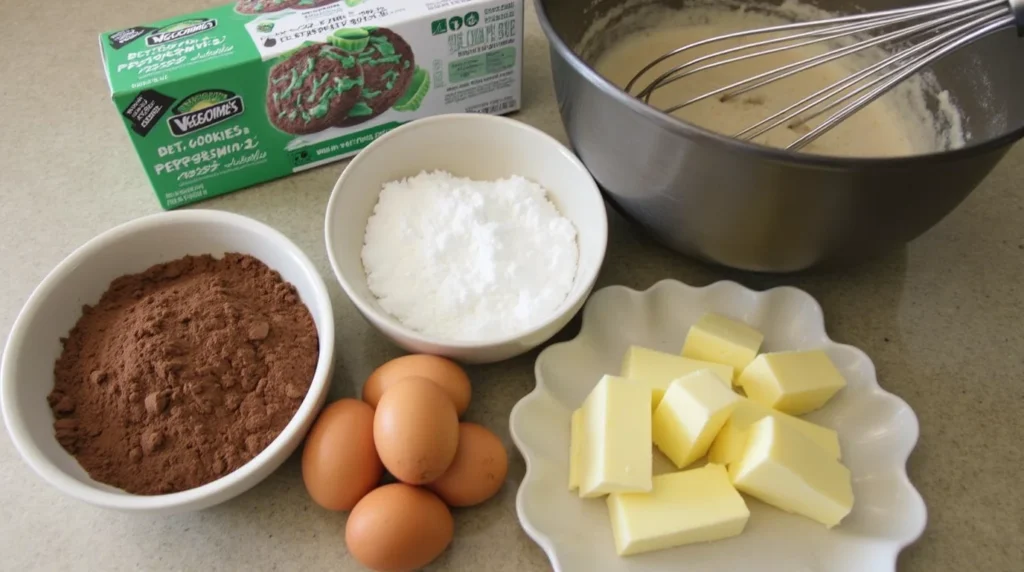 Cocoa, peppermint extract, and Thin Mints arranged on a counter