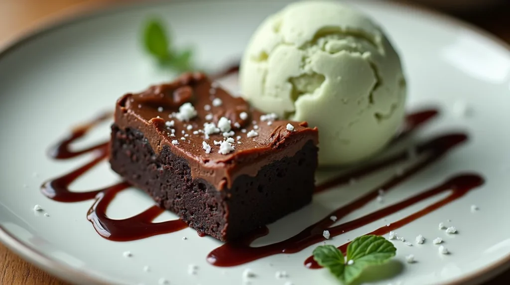 Thin mint brownie served with vanilla ice cream