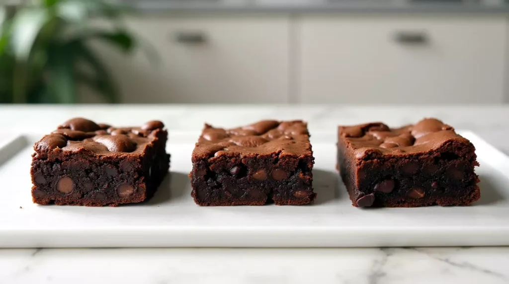 Three cottage cheese banana brownies with different toppings: nuts, cocoa nibs, and classic