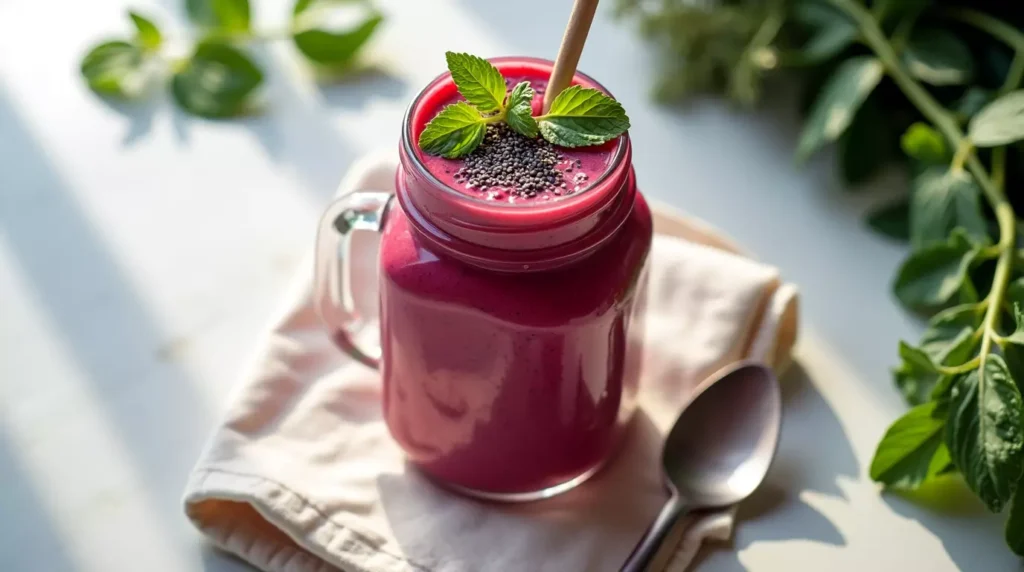 Smoothie in jar with chia seeds and mint on top, with straw and napkin