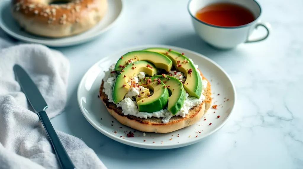 Toasted almond flour bagel with cottage cheese topped with avocado and chili flakes on a round white plate.