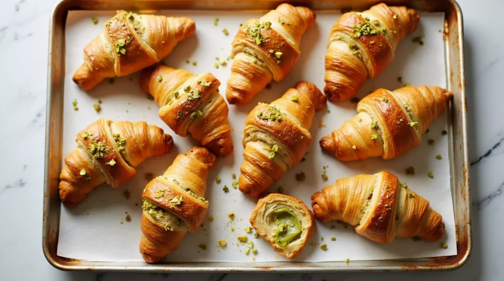 Assorted pistachio croissants on tray with sugar and nuts