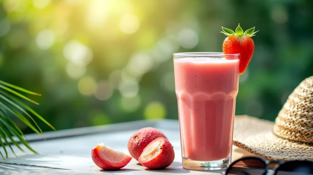 Lychee smoothie on patio table with tropical summer props