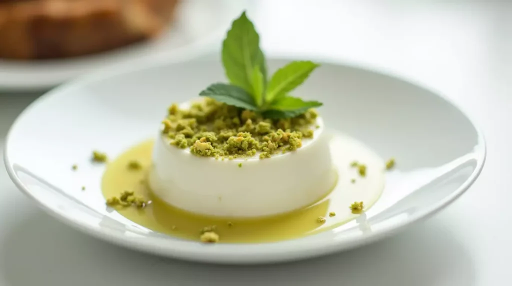 Pistachio panna cotta unmolded on a plate with mint and pistachios