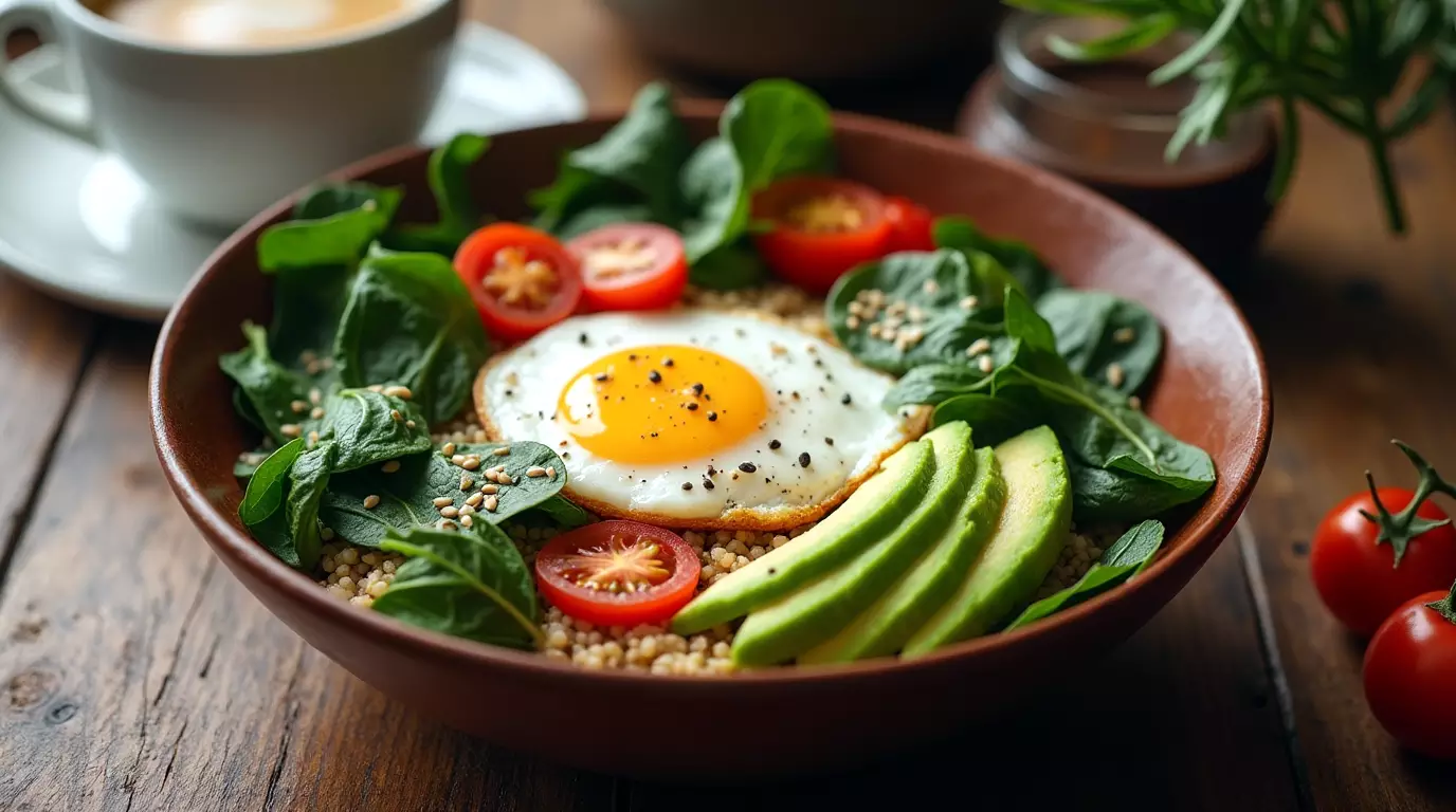 High protein breakfast bowl with poached egg, quinoa, avocado, and greens on a rustic table