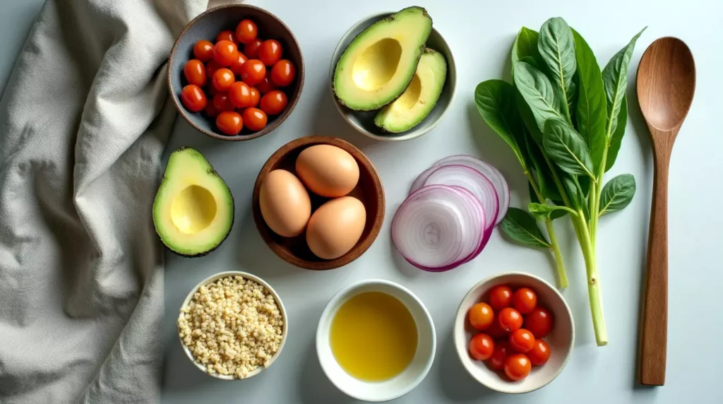 Flat lay of ingredients for a high protein breakfast bowl including quinoa, avocado, eggs, spinach, and tomatoes