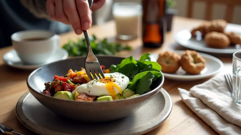 Breakfast table with a high protein bowl served with coffee and natural morning light