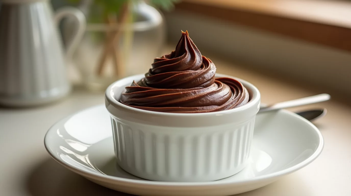 Sugar-free dairy-free chocolate avocado mousse served in a white ramekin