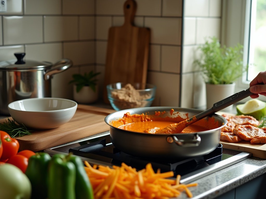 Shredded chicken and blue cheese being folded into the creamy buffalo base in a mixing bowl.