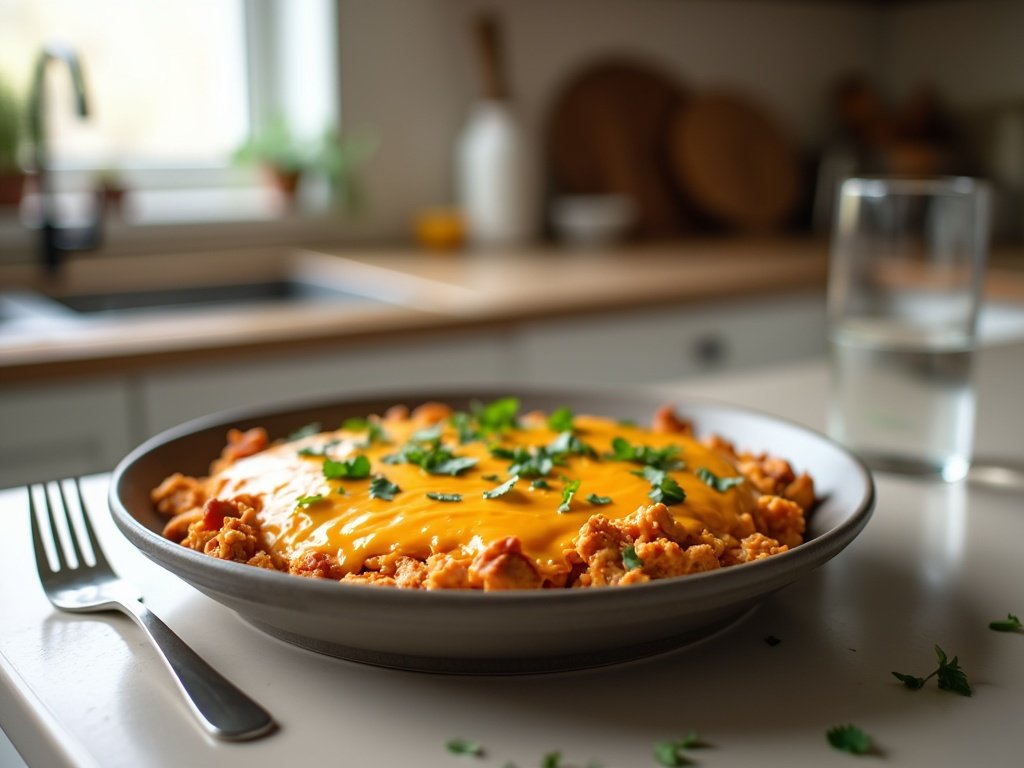 Baked buffalo chicken dip served warm in a small dish with sliced vegetables and crackers alongside.
