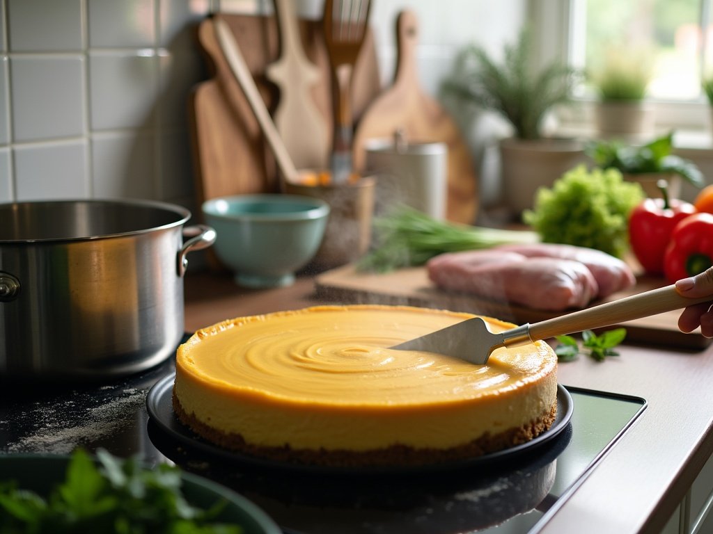 Crust mixture pressed into the base of a parchment-lined springform pan before chilling.
