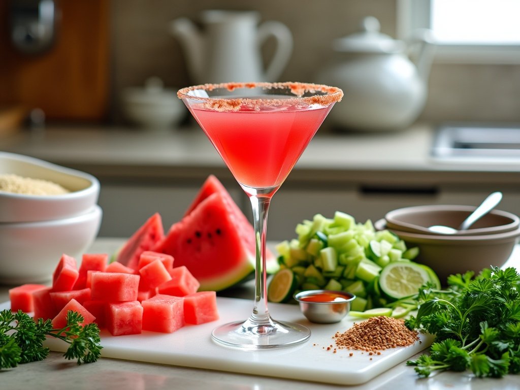 Ingredients for the watermelon martini laid out on a counter: fresh watermelon cubes, a lime, vodka and simple syrup.