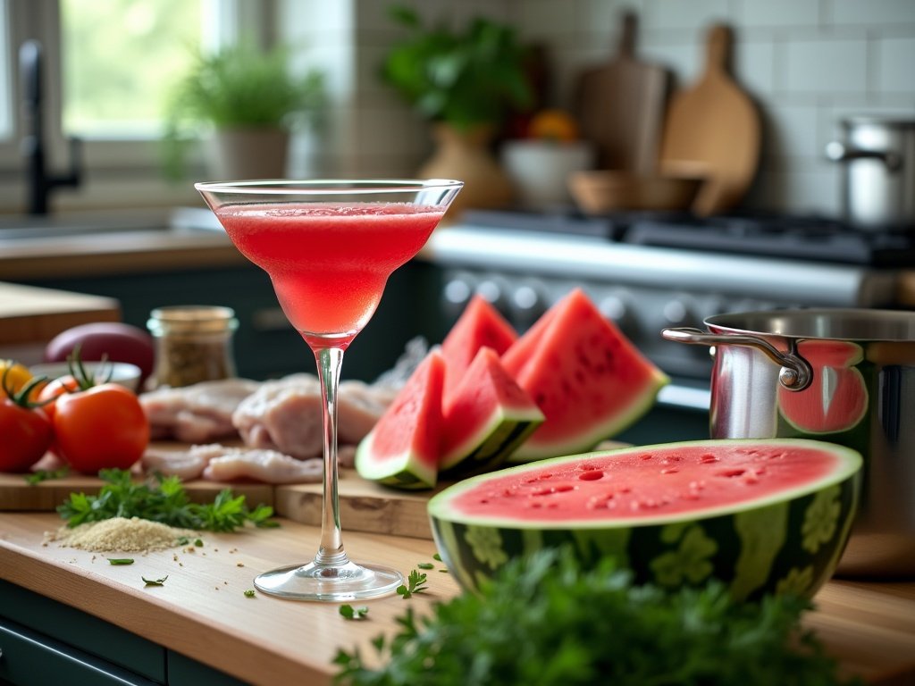 Fresh watermelon blended and lime juiced, measured out beside a cocktail shaker ready for mixing.