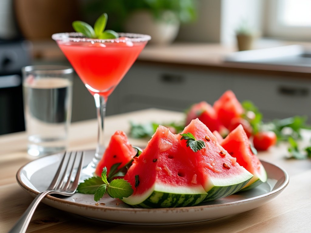 Watermelon martini poured into a chilled glass, garnished with a thin lime wheel and a sprig of mint.