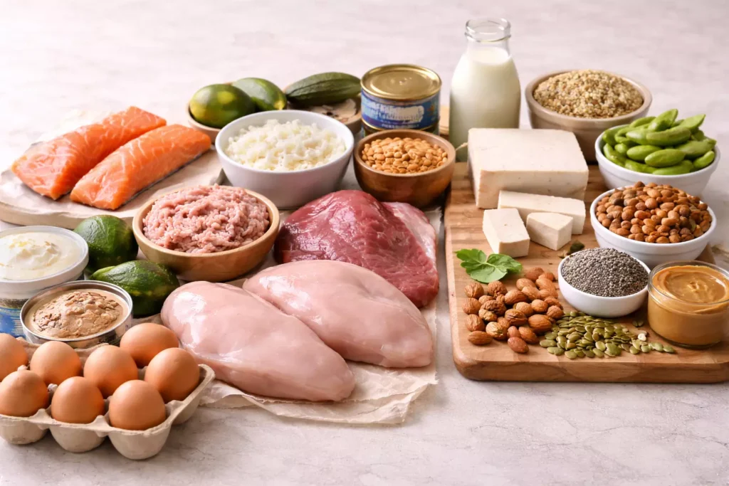 Selection of animal-based and plant-based protein foods side by side