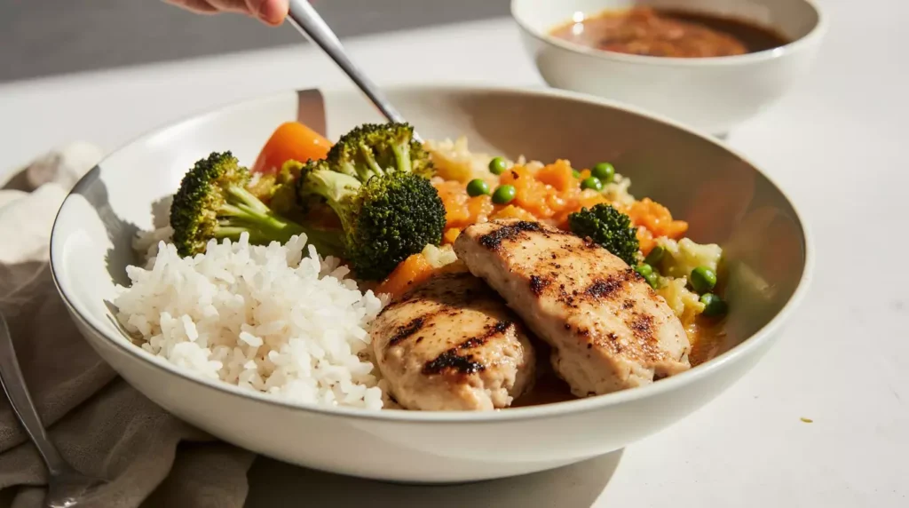High protein chicken rice bowl with vegetables in a simple bowl
