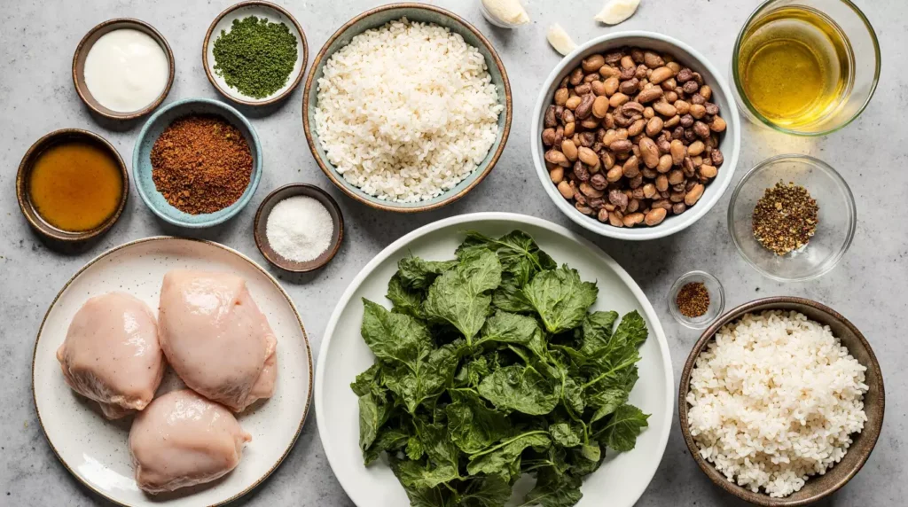 Chicken thighs, beans, rice, and frozen vegetables on a kitchen counter