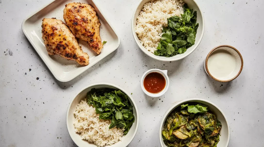 Meal prep containers with chicken, rice, vegetables, and a simple sauce ready to assemble