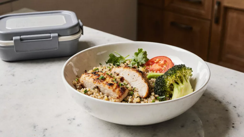 easy high protein meals for work. lunch with chicken quinoa and vegetables