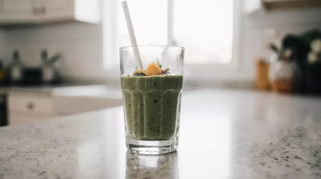 High protein tropical smoothie on a kitchen counter in natural light