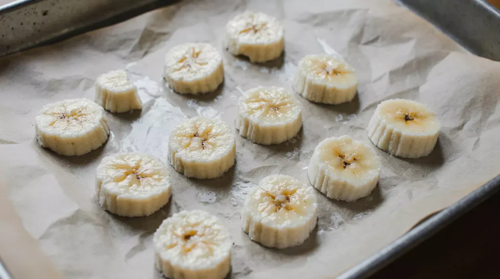 Frozen banana slices laid on parchment paper for nice cream