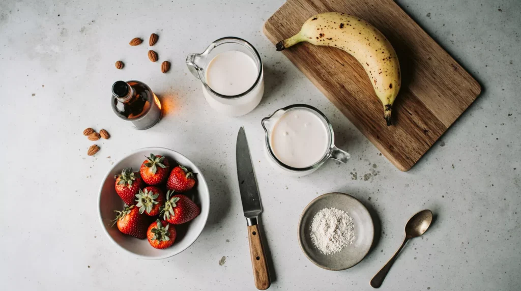 Frozen strawberries, banana and milk prepared for the Hailey Bieber smoothie recipe.