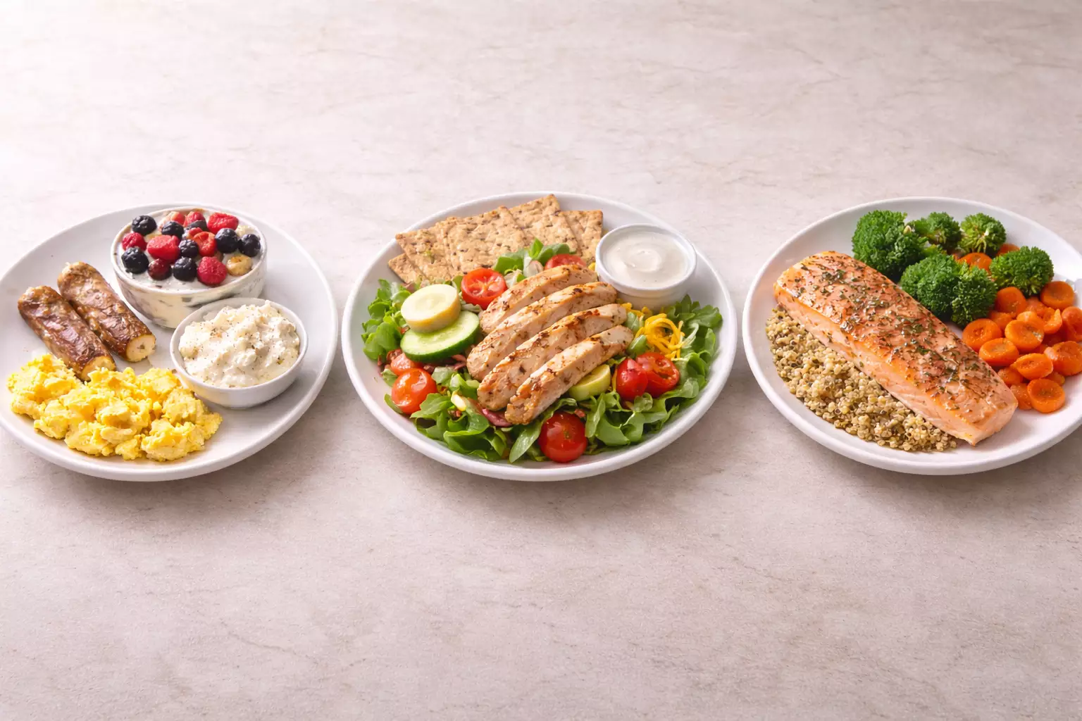 High protein meals shown across breakfast, lunch, and dinner with protein-forward plates
