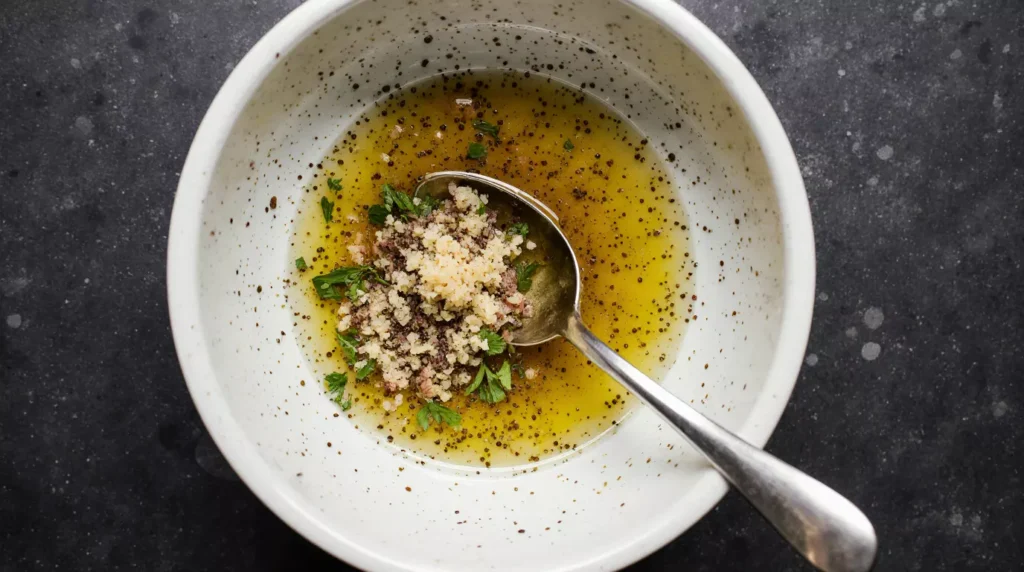 Citrus and olive oil dressing prepared for tuna carpaccio in a small bowl