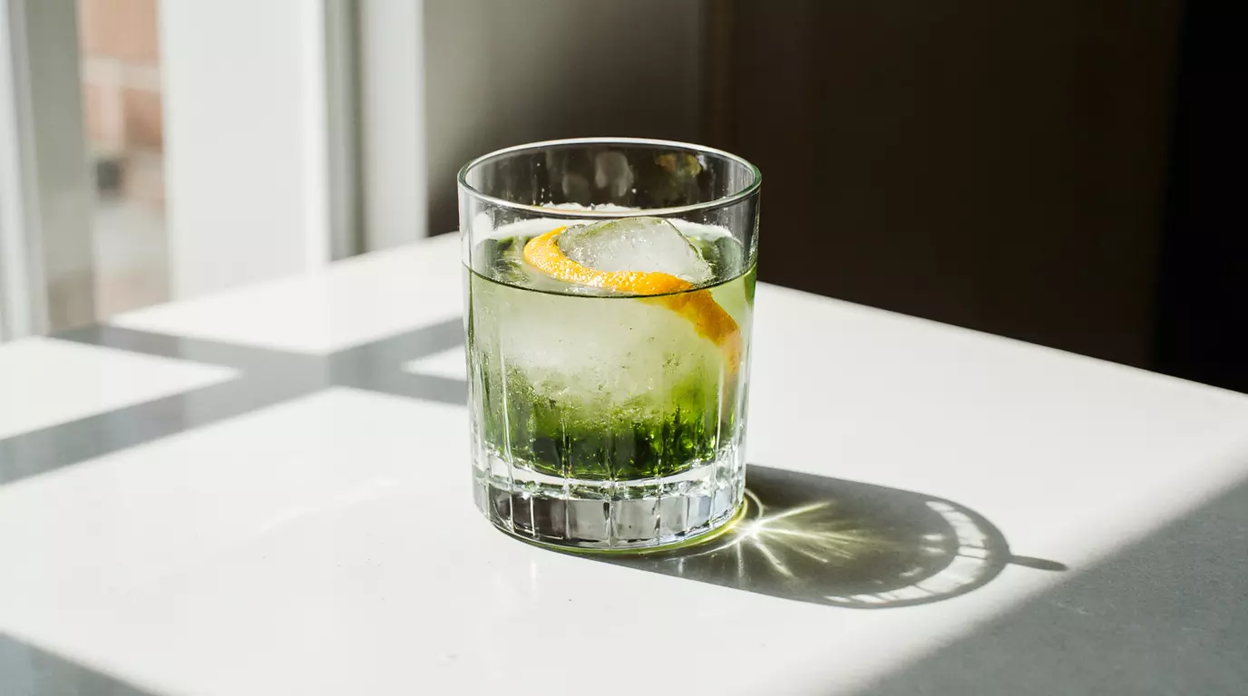 Matcha Old Fashioned cocktail with bourbon and matcha