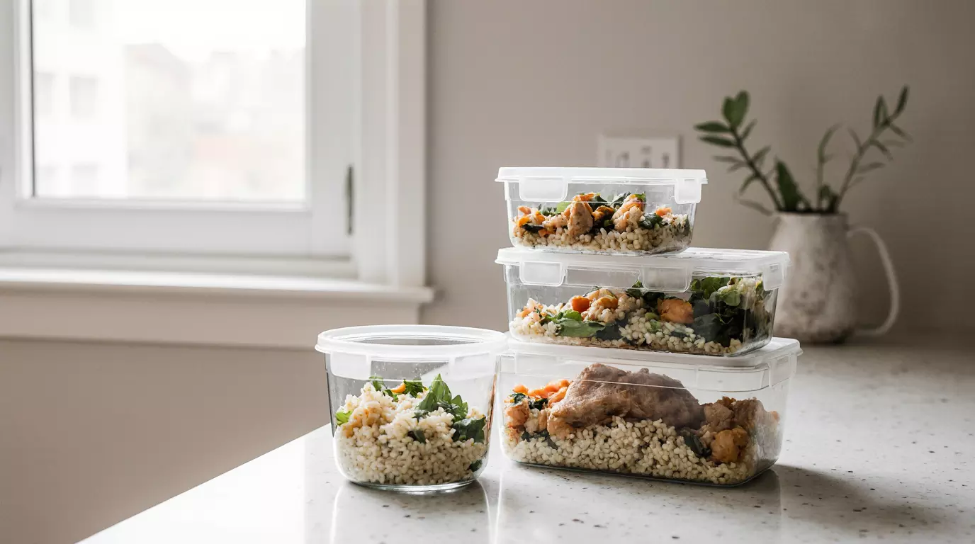 Glass microwave meal prep containers filled with rice, vegetables, and chicken on a kitchen counter