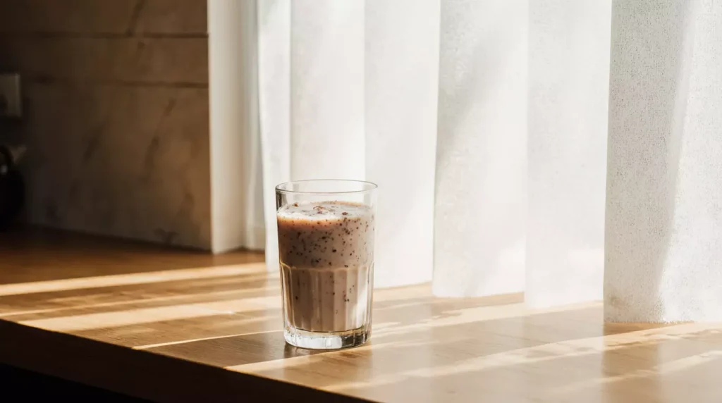 Activia yogurt smoothie on a kitchen counter in natural light