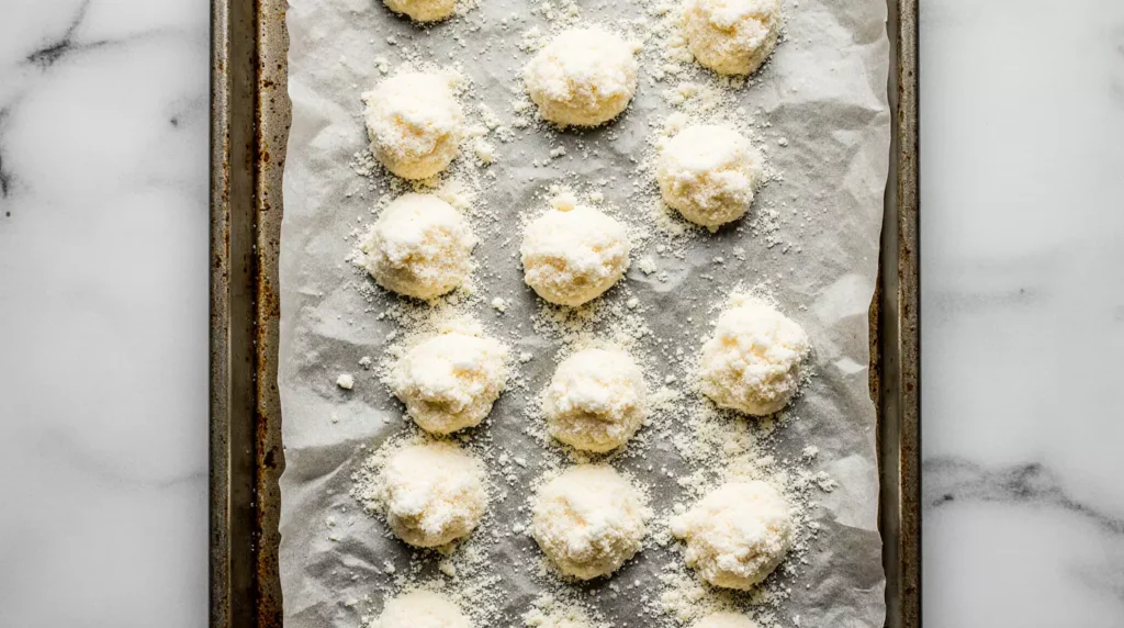 Grated Parmesan cheese portions spaced on parchment before baking