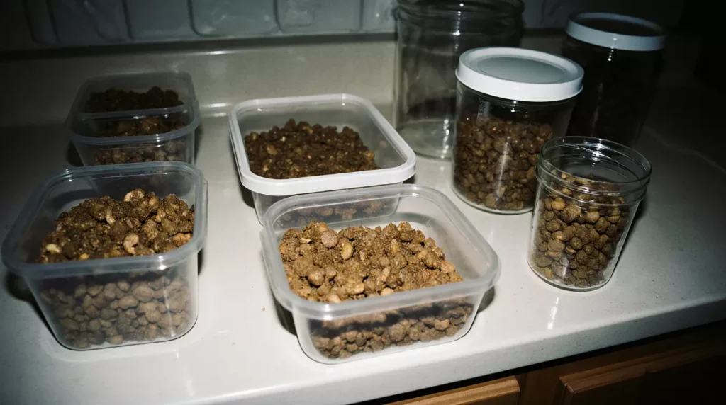 Homemade thermomix dog food portioned into storage containers