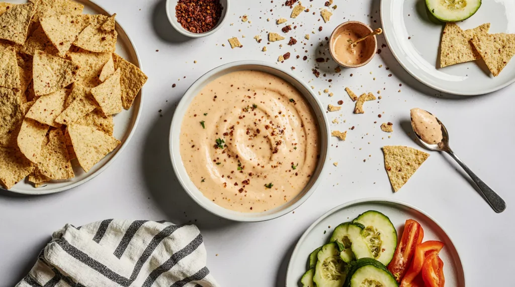 Smoked queso dip served with tortilla chips on a table.