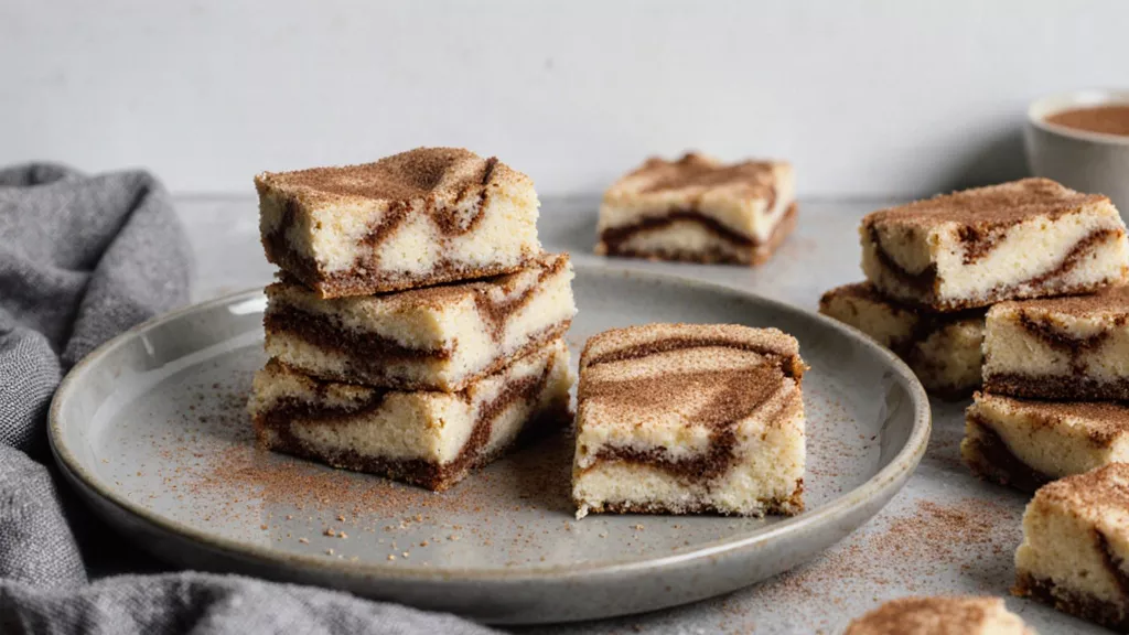Stack of cream cheese snickerdoodle blondies with cinnamon sugar topping on a plain plate