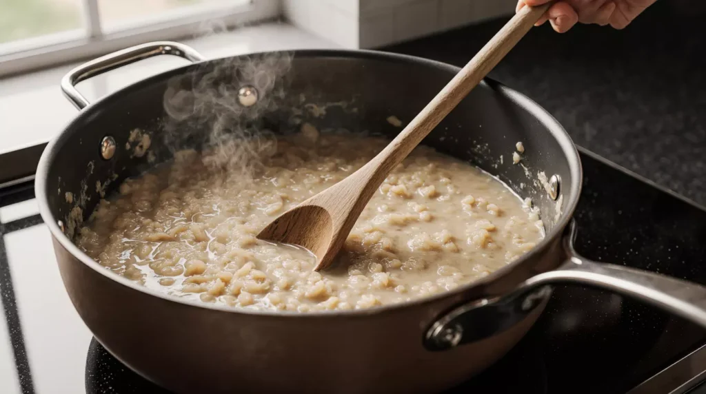 Risotto being stirred in a pot while cooking for salmon risotto